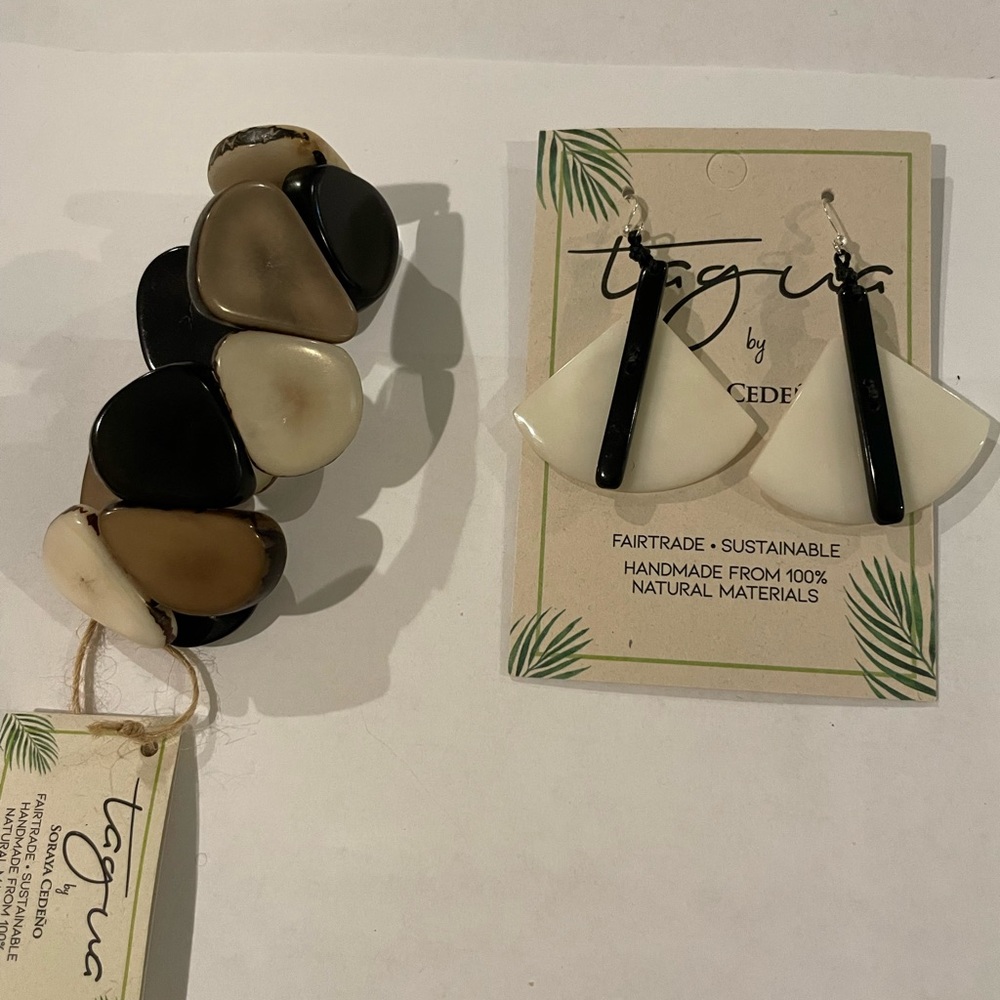 NWT Tagua by Soraya Cedeno Black Tan Cream Bracelet Earrings
